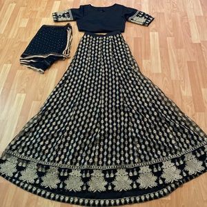 3 piece black and gold net lengha choli